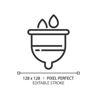 Adet bardağı doğrusal simgesi. Kadın hijyen ürünleri. Tıbbi silikon, sıvı koleksiyonu. Rahim içi aygıt. İnce çizgili çizim. Contour sembolü. Vektör çizimi. Düzenlenebilir vuruş