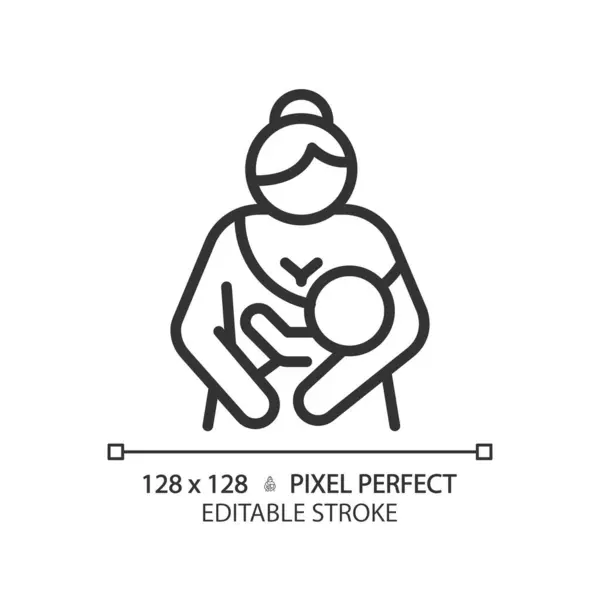 stock vector Baby lactation linear icon. Breastfeeding, childcare. Breast suckling, newborn holding. Human reproduction biology. Thin line illustration. Contour symbol. Vector outline drawing. Editable stroke