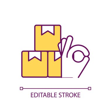 Ürünlerin miktarı RGB renk simgesi. Müşteriler satın alıyor. Pozitif değerlendirme. Kutular dolusu mal. Tamam jest. İzole vektör çizimi. Basit bir çizgi çizimi. Düzenlenebilir vuruş