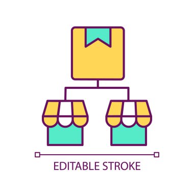 Birleşik tedarik RGB renk simgesi. Mal dağıtım sistemi. Birkaç piyasa için malzeme. İzole vektör çizimi. Basit bir çizgi çizimi. Düzenlenebilir vuruş