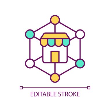 Pazar tedarik RGB renk simgesi. Tüm üreticilerin ve ürün satıcılarının tedarikçisi. Dağıtım sistemi. İzole vektör çizimi. Basit bir çizgi çizimi. Düzenlenebilir vuruş