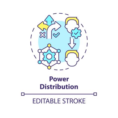 Güç dağılımı çok renkli konsept simgesi. Sorumluluk mu? Çalışanların karar verme mekanizması. Yuvarlak şekil çizimi. Soyut bir fikir. Grafik tasarımı. Promosyon malzemelerinde kullanması kolay
