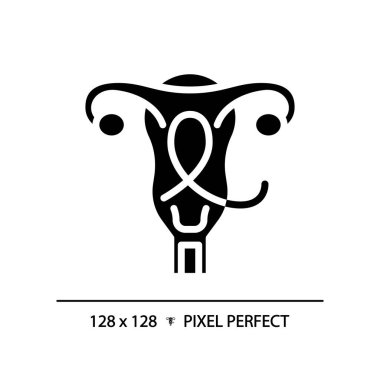 Gynecologic cancer black glyph icon. Female reproductive system disease. Woman oncology, illness. Menstrual health. Silhouette symbol on white space. Solid pictogram. Vector isolated illustration clipart
