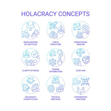 Holacracy yapısı mavi gradyan konsept simgeleri. Güç dağılımı. Operasyon süreci, toplantılar. Simge paketi. Vektör görüntüleri. Promosyon malzemesi için yuvarlak şekilli çizimler. Soyut fikir