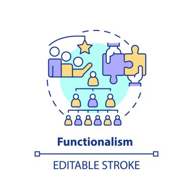 Fonksiyonalizm çok renkli konsept simgesi. Sosyal sınıflandırma teorisi. Sosyal hiyerarşi. Takım işbirliği. Yuvarlak şekil çizimi. Soyut bir fikir. Grafik tasarımı. Kullanımı kolay