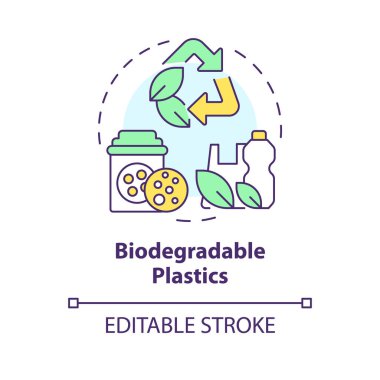 Biyo-çözünebilir plastik çok renkli konsept ikonu. Biyopolimerler geri dönüşüm yapıyor, kirlilik azalıyor. Çevre koruma. Yuvarlak şekil çizimi. Soyut bir fikir. Grafik tasarımı. Kullanımı kolay