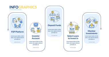 Yatırımcılar için borç vermek bilgi şablonu oluşturur. P2P platformu. Veri görselleştirmesi 5 adımda. Düzenlenebilir zaman çizelgesi. Satır simgeleriyle çalışma akışı düzeni. Kullanılan Lato Kalın, Düzenli yazı tipleri