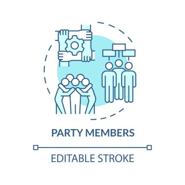 Siyasi parti üyeleri yumuşak mavi kavram ikonu. Hükümet yapısı. Sosyal politika, kamu idaresi. Yuvarlak şekil çizimi. Soyut bir fikir. Grafik tasarımı. Kullanımı kolay