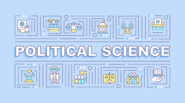 Siyaset bilimi mavi kelime konsepti. Siyasi partiler, sosyal politikalar. Tipografi afişi. Düz dizayn. Başlık metniyle vektör illüstrasyonu, düzenlenebilir satır simgeleri. Kullanmaya hazır. Kullanılan Arial Siyah yazı tipi