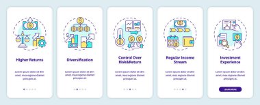 Mobil uygulama ekranında P2P ödünç verme. Yatırımcılar için para, doğrusal kavramlarla birlikte düzenlenebilir 5 adım grafik talimatları. UI, UX, GUI şablonu. Kullanılan sayısız Pro-Kalın, Düzenli yazı tipleri