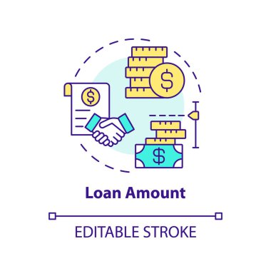 Kredi miktarı çok renkli konsept simgesi. Borç alıyorum. Borçlu ve borç veren arasında bir anlaşma. P2P platformu. Yuvarlak şekil çizimi. Soyut bir fikir. Grafik tasarımı. Pazarlamada kullanımı kolaydır.