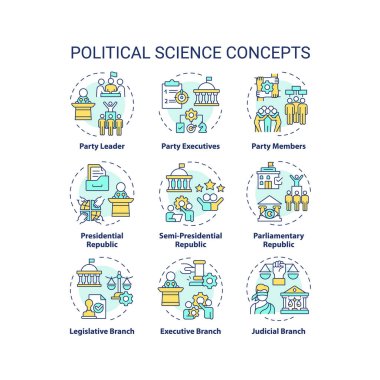 Siyaset bilimi çok renkli konsept simgeleri. Hükümet yapısı, sosyal politika. Demokrasi ideolojisi, hukuk yönetmeliği. Simge paketi. Vektör görüntüleri. Yuvarlak şekilli çizimler. Soyut fikir
