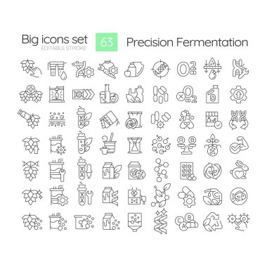 Doğrusal fermantasyon simgeleri ayarlandı. DNA kombinasyonu, biyoişlemler. Genetik modifikasyon. Ekin gelişimi. Özelleştirilebilir ince çizgi sembolleri. İzole vektör çizimi çizimleri. Düzenlenebilir vuruş