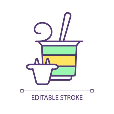 Yoğurt kabı RGB renk simgesi. Süt fermantasyonu, alternatif proteinler. Gıda endüstrisi, biyolojik çeşitlilik. Probiyotik mikroorganizmalar. İzole vektör çizimi. Basit bir çizgi çizimi. Düzenlenebilir vuruş