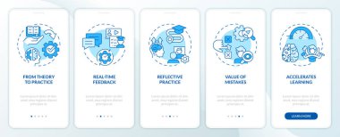 Learning advantages blue onboarding mobile app screen. Experiences walkthrough 5 steps editable graphic instructions with linear concepts. UI, UX, GUI template. Myriad Pro-Bold, Regular fonts used clipart