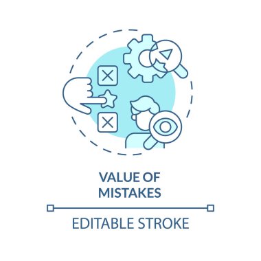 Hataların değeri yumuşak mavi konsept simgesi. Duruşmayı yanlışlıkla öğrenmek. Araştırıyorum. Sorun çözme. Yuvarlak şekil çizimi. Soyut bir fikir. Grafik tasarımı. Sunumda kullanması kolay