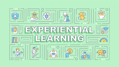 Deneysel öğrenme yeşil kelime konsepti. Tecrübe, yansıma. Tipografi afişi. Düz dizayn. Başlık metniyle vektör illüstrasyonu, düzenlenebilir satır simgeleri. Kullanmaya hazır. Kullanılan Arial Siyah yazı tipi