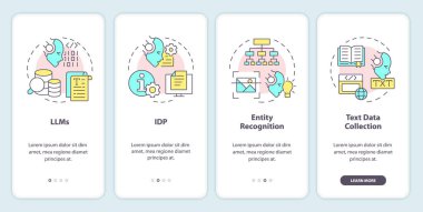 Mobil uygulama ekranında yapay metin işleme. Doğrusal kavramlarla düzenlenebilir grafik yönergelerini dört adımda gözden geçir. UI, UX, GUI şablonu. Kullanılan sayısız Pro-Kalın, Düzenli yazı tipleri