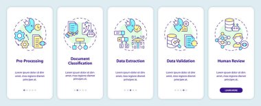 Mobil uygulama ekranında belge işleme aşamaları. Doğrusal kavramlarla düzenlenebilir grafik yönergelerini 5 adımda gezdir. UI, UX, GUI şablonu. Kullanılan sayısız Pro-Kalın, Düzenli yazı tipleri