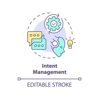 Niyet yönetimi çok renkli konsept simgesi. Doğal dil işleme. Duygu analizi. Yuvarlak şekil çizimi. Soyut bir fikir. Grafik tasarımı. Bilgide ve sunumda kullanması kolay