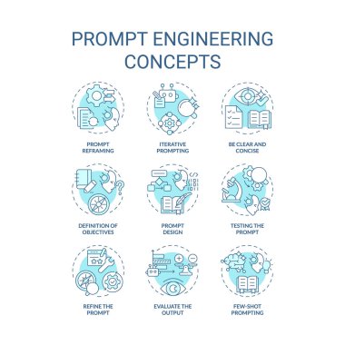 Ani mühendislik, yumuşak mavi konsept simgeleri. Ai modeli için tasarım talimatları. Görevleri test edin ve optimize edin. Chatbot etkileşimi. Simge paketi. Vektör görüntüleri. Yuvarlak şekilli çizimler. Soyut fikir