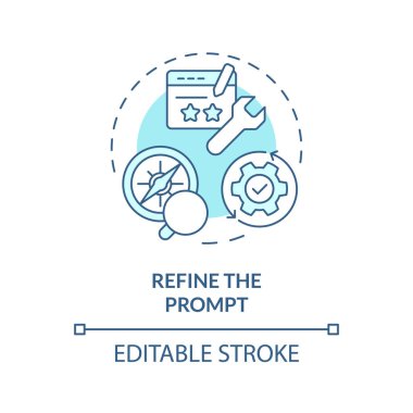 Refine prompt soft blue concept icon. Prompt engineering. Improve and rephrase instruction. Correct task. Round shape line illustration. Abstract idea. Graphic design. Easy to use in article clipart