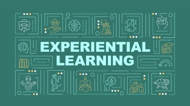 Deneysel eğitim stratejileri yeşil kelime konsepti. Deney için. Tipografi afişi. Düz dizayn. Başlık metniyle vektör illüstrasyonu, düzenlenebilir satır simgeleri. Kullanmaya hazır. Kullanılan Arial Siyah yazı tipi