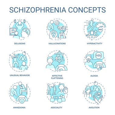 Schizophrenia disorder soft blue concept icons. Icon pack. Vector images. Round shape illustrations for infographic, presentation, brochure, booklet, promotional material, article. Abstract idea clipart