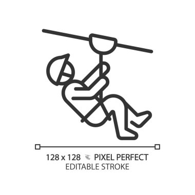 Zip line ride pixel perfect linear icon. Dangerous sport attraction. Extreme activity. Outdoor adventure. Thin line illustration. Contour symbol. Vector outline drawing. Editable stroke clipart