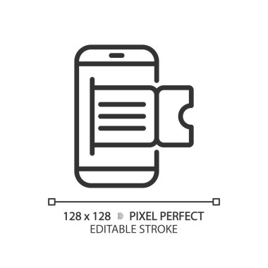 Dijital biletler pikseli mükemmel doğrusal simge. Online rezervasyon, elektronik kartlar. Web rezervasyonları, sanal program. İnce çizgili çizim. Contour sembolü. Vektör çizimi. Düzenlenebilir vuruş