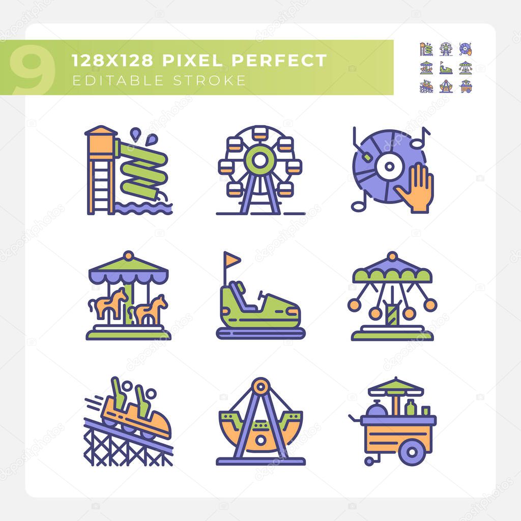 Amusement park attractions pixel perfect RGB color icons set. Fairground activities. Family vacation. Isolated vector illustrations. Simple filled line drawings collection. Editable stroke