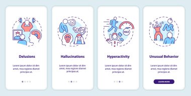 Mobil uygulama ekranında şizofreni pozitif semptomlar. Doğrusal kavramlarla düzenlenebilir grafik yönergelerini dört adımda gözden geçir. UI, UX, GUI şablonu. Kullanılan sayısız Pro-Kalın, Düzenli yazı tipleri