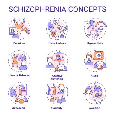 Schizophrenia disorder multi color concept icons. Icon pack. Vector images. Round shape illustrations for infographic, presentation, brochure, booklet, promotional material. Abstract idea clipart