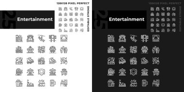 Eğlence etkinlikleri koyu, aydınlık mod için mükemmel doğrusal simgeler oluşturur. Eğlence eğlencesi. Aile tatili. Gece ve gündüz teması için ince çizgi sembolleri. İzole çizimler. Düzenlenebilir vuruş