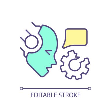 Büyük dil modelleme problemleri RGB renk simgesi. Sanal yardımcı halüsinasyonlar. Yapay zeka yanlış bilgilendirmesi. İzole vektör çizimi. Basit bir çizgi çizimi. Düzenlenebilir vuruş