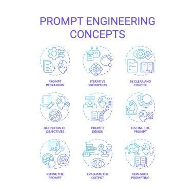 Hızlı mühendislik mavi gradyan konsept simgeleri. Ai modeli için tasarım talimatları. Görevleri test edin ve optimize edin. Chatbot etkileşimi. Simge paketi. Vektör görüntüleri. Yuvarlak şekilli çizimler. Soyut fikir