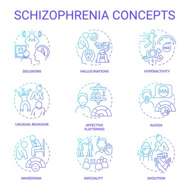 Schizophrenia disorder blue gradient concept icons. Icon pack. Vector images. Round shape illustrations for infographic, presentation, brochure, booklet, promotional material, article. Abstract idea clipart