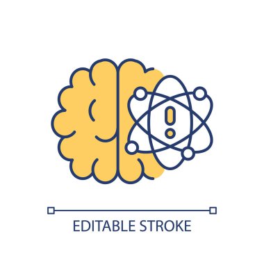 Brain anatomy, warning yellow sign RGB color icon. Neurocognitive human organ structure. Consciousness biology. Isolated vector illustration. Simple filled line drawing. Editable stroke clipart