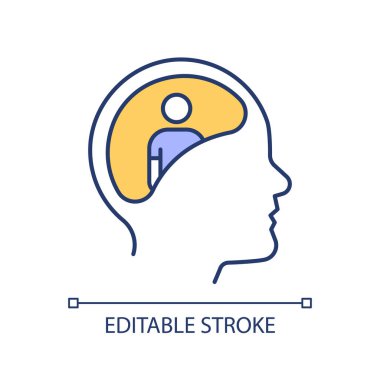 Baş görsel RGB renk simgesi. Zihinsel bilişsel fonksiyon. Nörobilişsel psikoloji. Zihin kavrayışı. İzole vektör çizimi. Basit bir çizgi çizimi. Düzenlenebilir vuruş