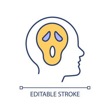 Algı hastalığı, halüsinasyonlar mavi RGB renk ikonu. Şizofreni belirtileri. Ürkütücü maske. Nörobilişsel sağlık. İzole vektör çizimi. Basit bir çizgi çizimi. Düzenlenebilir vuruş