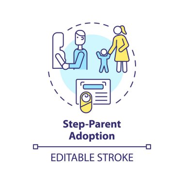 Üvey ebeveyn evlat edinme çok renkli konsept simgesi. Çocuğun velayetini al. Evlat edinme yasal süreci. Resmi sertifika. Yuvarlak şekil çizimi. Soyut bir fikir. Grafik tasarımı. Kullanımı kolay