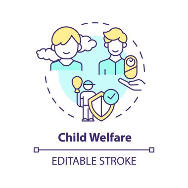 Çocuk koruma çok renkli konsept ikonu. Mutlu bir çocukluk. Çocukların iyiliği için. Çocuk haklarını korumak. Evlat edinme parası. Yuvarlak şekil çizimi. Soyut bir fikir. Grafik tasarımı. Kullanımı kolay