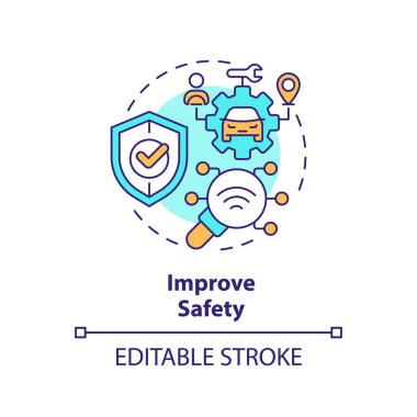 Güvenlik çok renkli konsept simgesini geliştirir. Müşteri memnuniyeti, risk yönetimi. Araç bakımı. Yuvarlak şekil çizimi. Soyut bir fikir. Grafik tasarımı. Bilgide kullanması kolay
