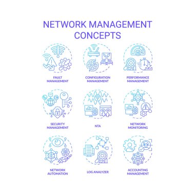 Ağ yönetimi mavi gradyan kavram simgeleri. Sistem mimarisi, performans izleme. Ağ otomasyonu, kayıt analizcisi. Simge paketi. Vektör görüntüleri. Yuvarlak şekilli çizimler. Soyut fikir