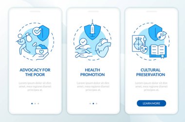 Mobil uygulama ekranında mavi STK 'ların rolleri. İnsan hakları, doğrusal kavramlarla düzenlenebilir grafik talimatlarını üç adımda gözden geçirir. UI, UX, GUI şablonu. Kullanılan sayısız Pro-Kalın, Düzenli yazı tipleri