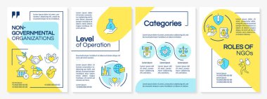 Non governmental organizations blue, yellow brochure template. Leaflet design with linear icons. Editable 4 vector layouts for presentation, annual reports. Arial-Black, Myriad Pro-Regular fonts used clipart