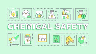 Chemical safety green word concept. Synthetic materials, toxic waste. Typography banner. Flat design. Vector illustration with title text, editable line icons. Ready to use. Arial Black font used clipart