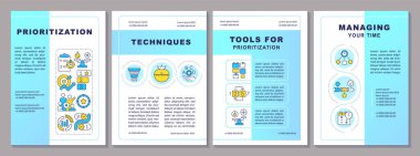 Öncelik teknikleri broşür şürü. Zaman yönetimi. Çizgisel simgeli broşür tasarımı. Sunum için düzenlenebilir 4 vektör düzeni, yıllık raporlar. Arial-Black, Kullanılan Myriad Pro-Normal yazı tipleri