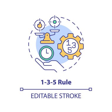 1-3-5 numaralı kural çok renkli konsept simgesi. İş akışı organizasyonu. Yuvarlak şekil çizimi. Soyut bir fikir. Grafik tasarımı. Infographic, promosyon materyali, makale ve blog paylaşımında kullanması kolay