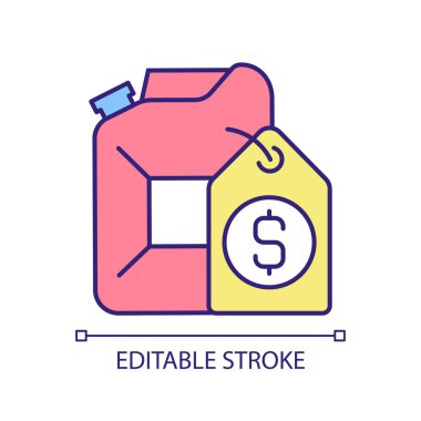 Yakıt indirimi RGB renk simgesi. Benzin bidonu, tasarruf. Benzin fiyatlarında indirim. Nakliye masrafları. İzole vektör çizimi. Basit bir çizgi çizimi. Düzenlenebilir vuruş